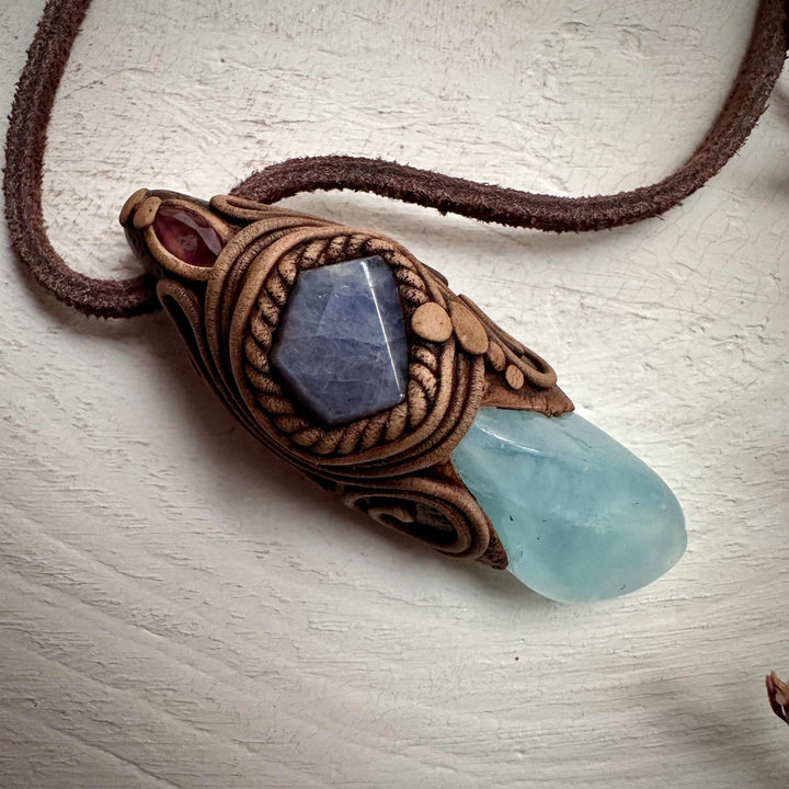 Aquamarine Tanzanite and Amethyst Pendant Necklace - FairyGardenGlow
