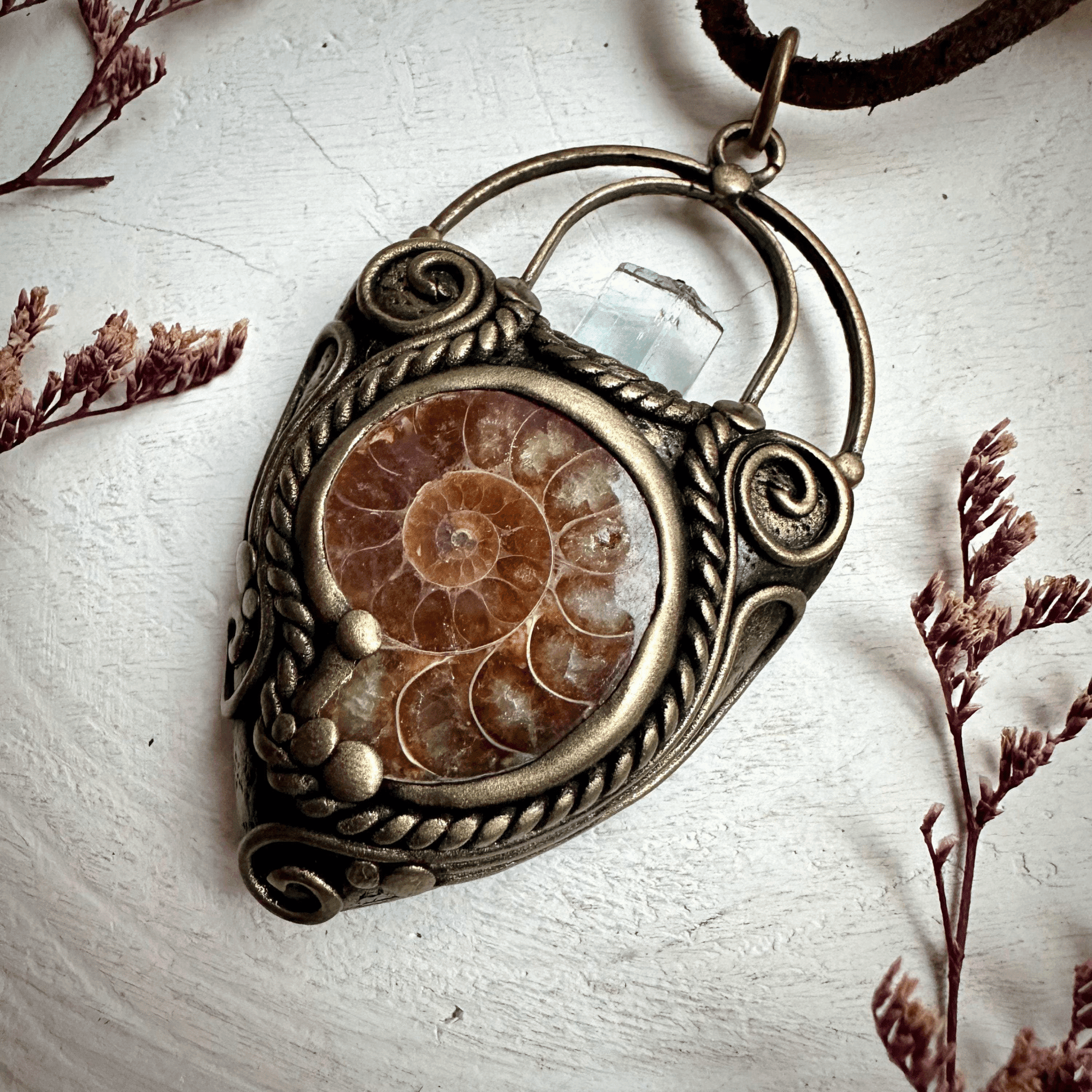 Aquamarine Ammonite Pendant Necklace - FairyGardenGlow