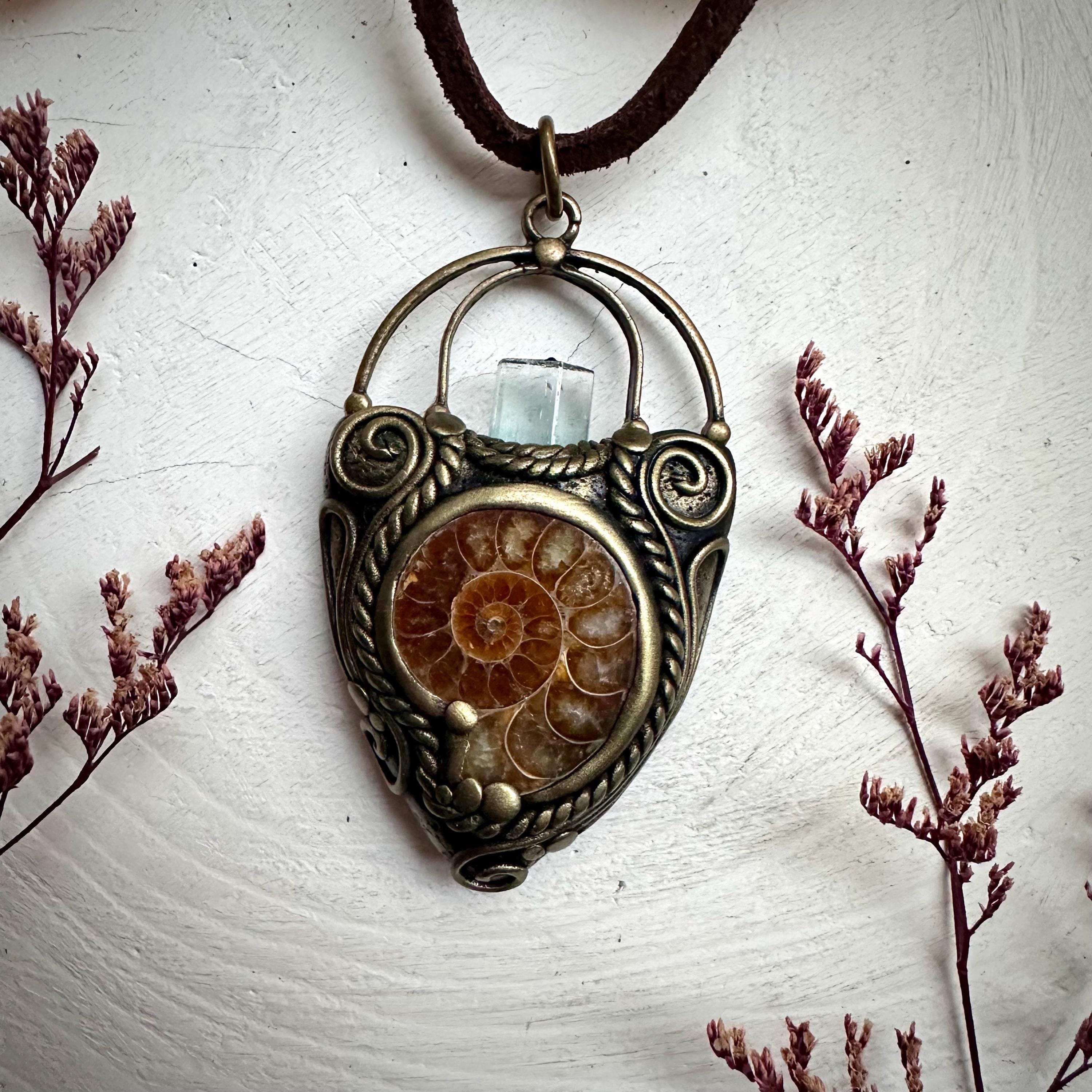 Aquamarine Ammonite Pendant Necklace - FairyGardenGlow