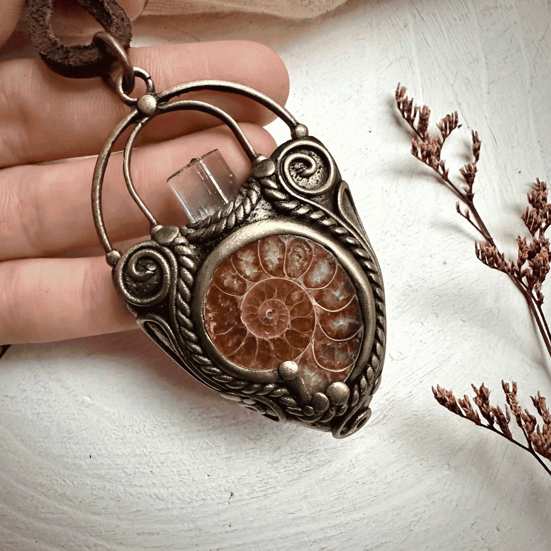 Aquamarine Ammonite Pendant Necklace - FairyGardenGlow