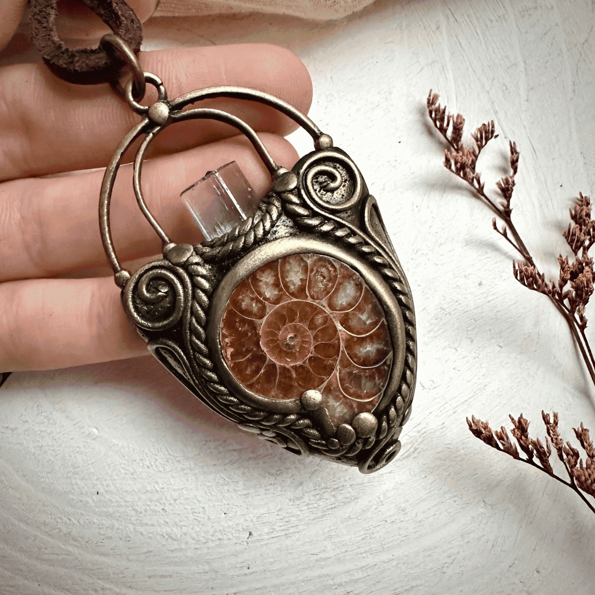 Aquamarine Ammonite Pendant Necklace - FairyGardenGlow