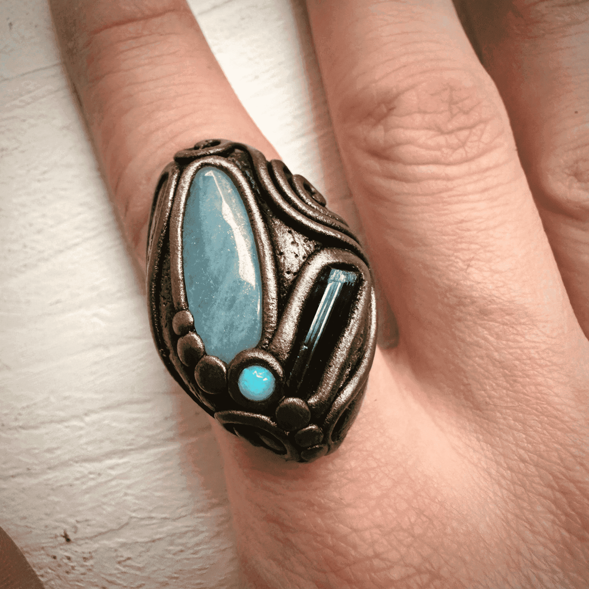 Aquamarine Blue Tourmaline and Australian Opal Ring - FairyGardenGlow