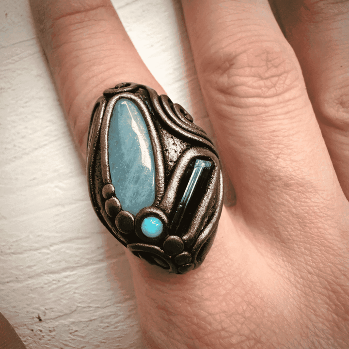 Aquamarine Blue Tourmaline and Australian Opal Ring - FairyGardenGlow