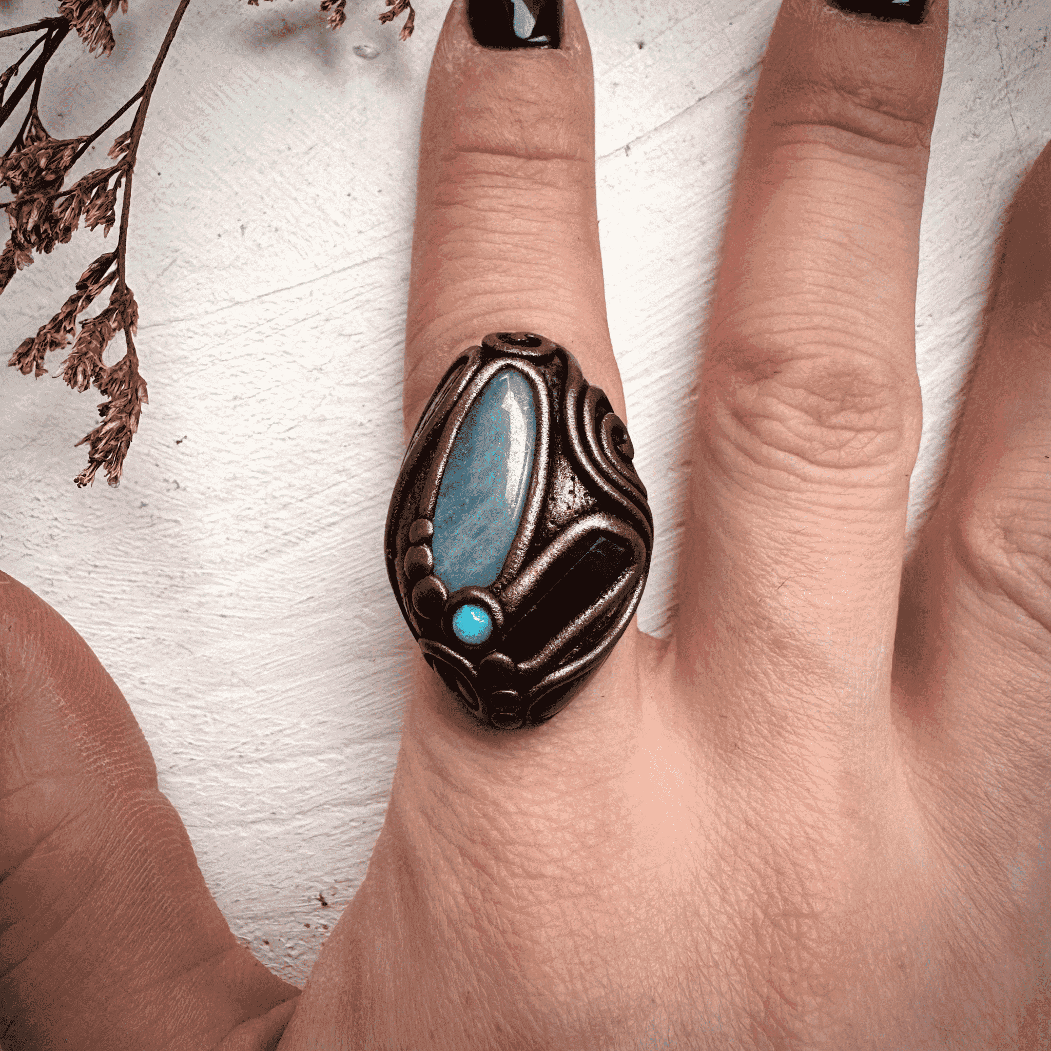 Aquamarine Blue Tourmaline and Australian Opal Ring - FairyGardenGlow