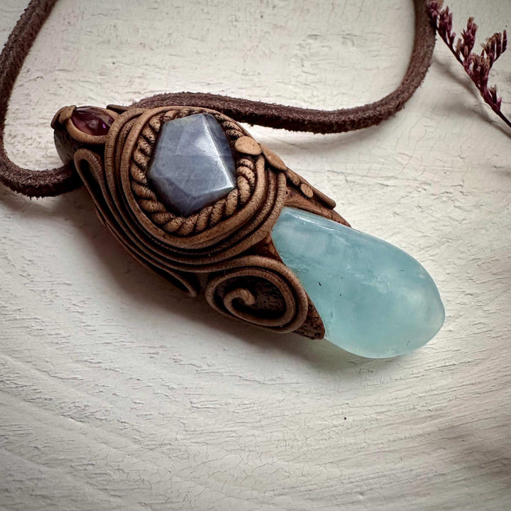 Aquamarine Tanzanite and Amethyst Pendant Necklace - FairyGardenGlow