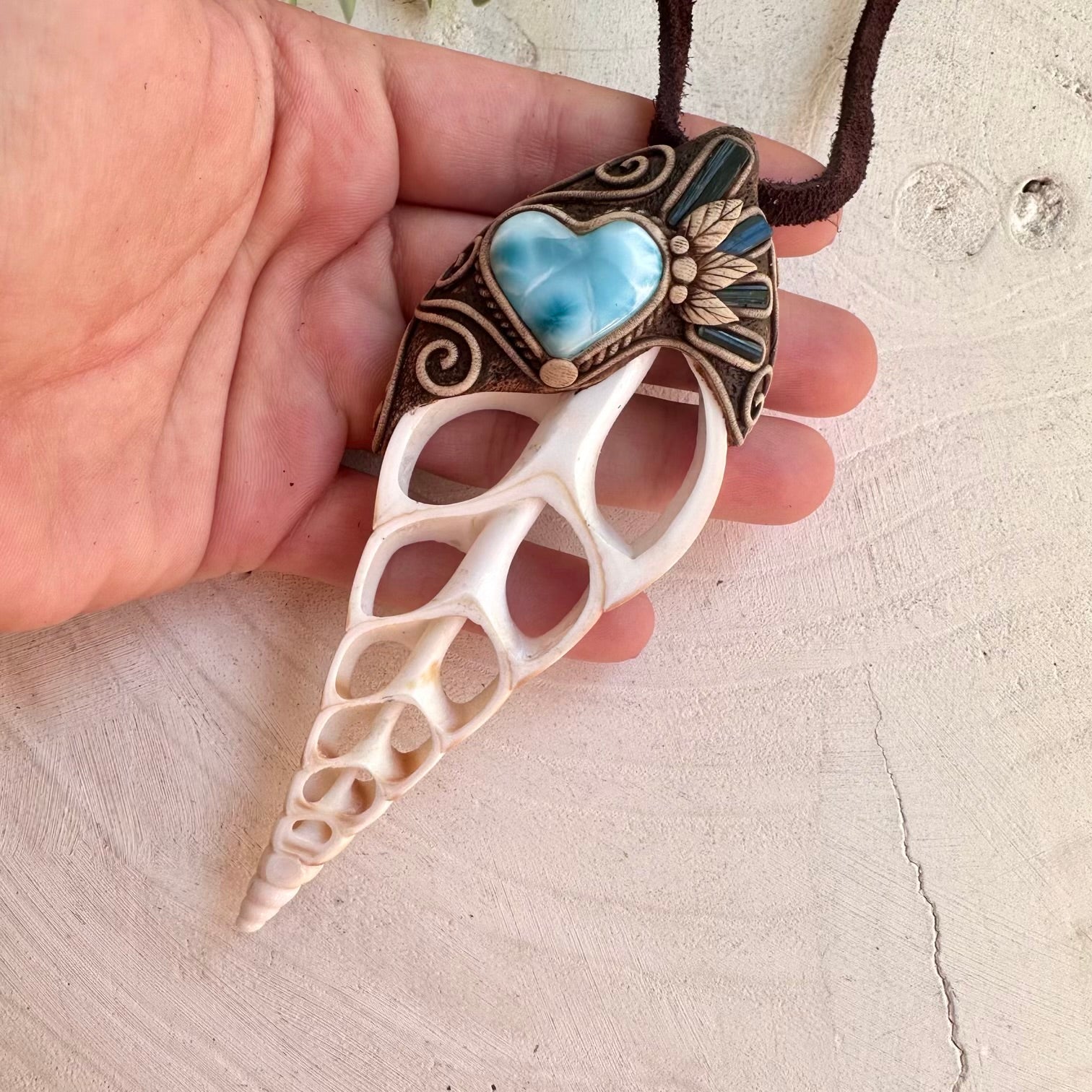 Arabian Tibia seashell slice pendant necklace with Larimar heart and Blue Tourmaline