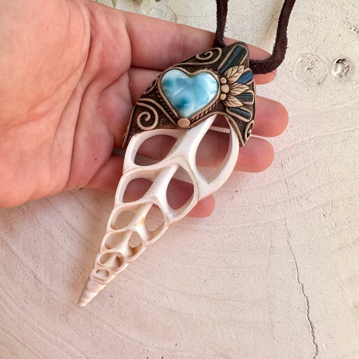 Arabian Tibia seashell slice pendant necklace with Larimar heart and Blue Tourmaline