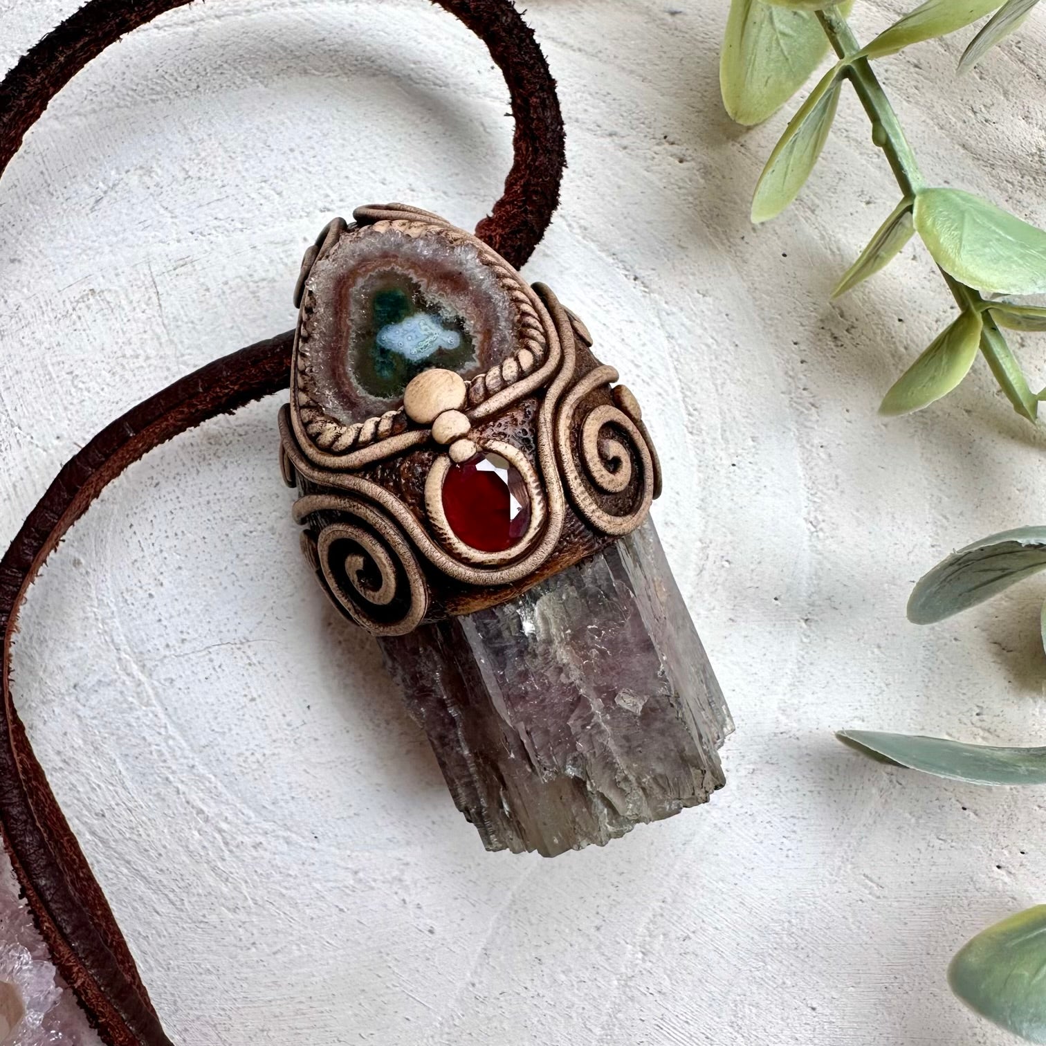 Handmade necklace with purple aragonite amethyst and garnet