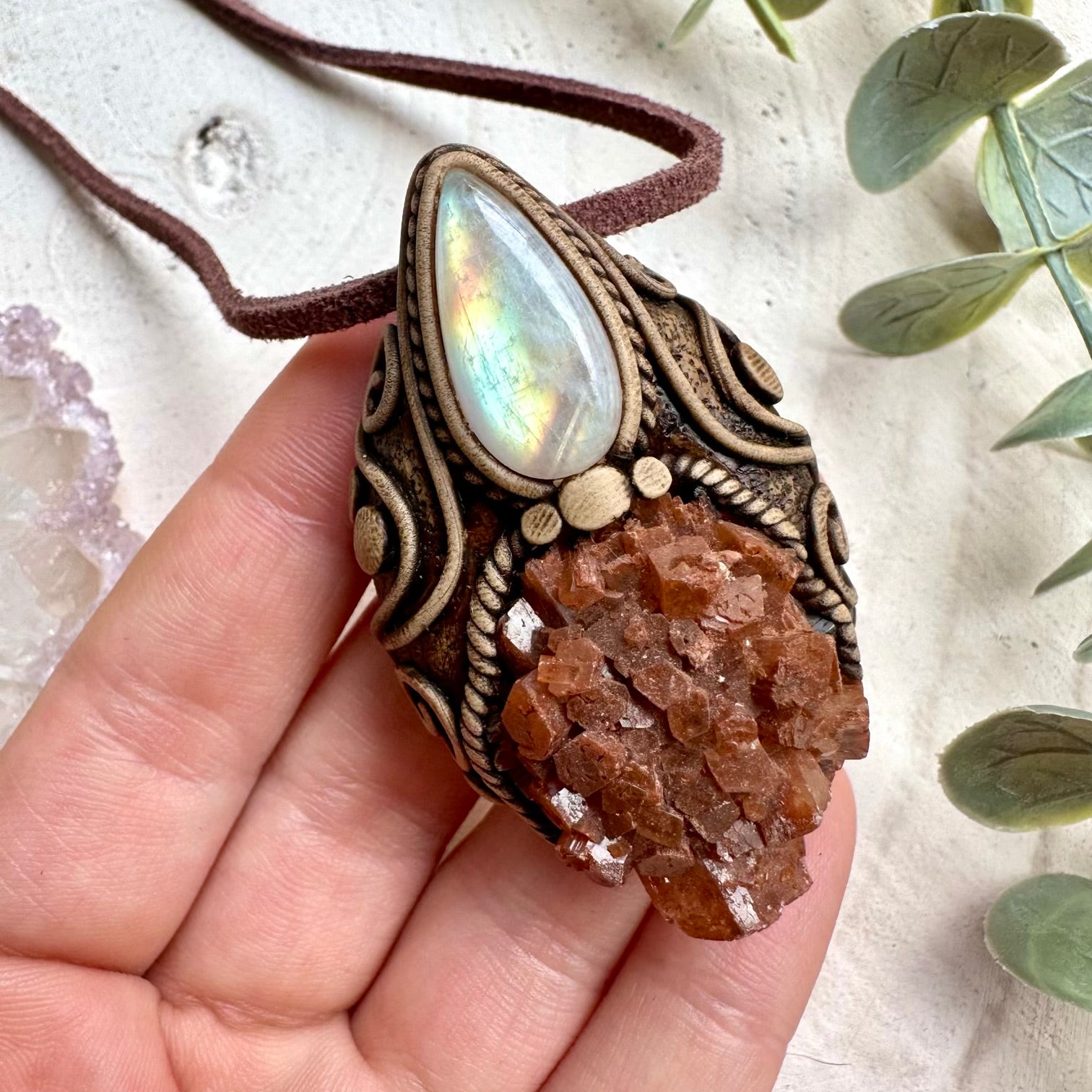 Handmade necklace with aragonite and rainbow moonstone