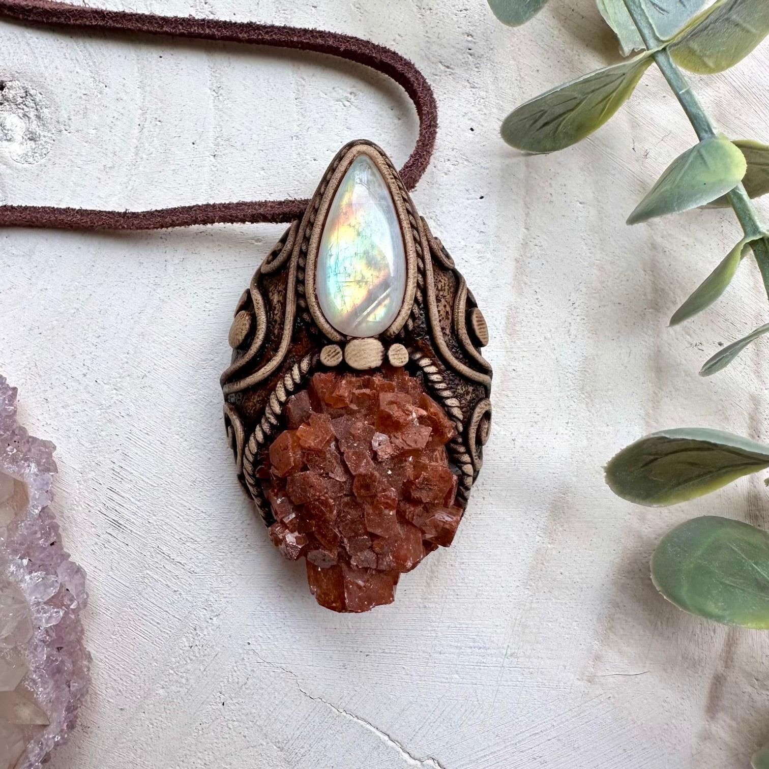 Aragonite and rainbow moonstone necklace raw crystal jewelry