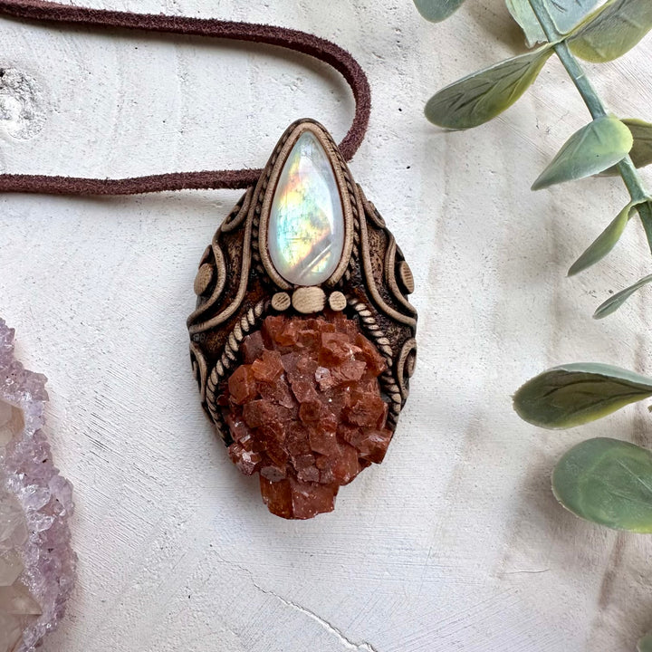 Aragonite and rainbow moonstone necklace raw crystal jewelry