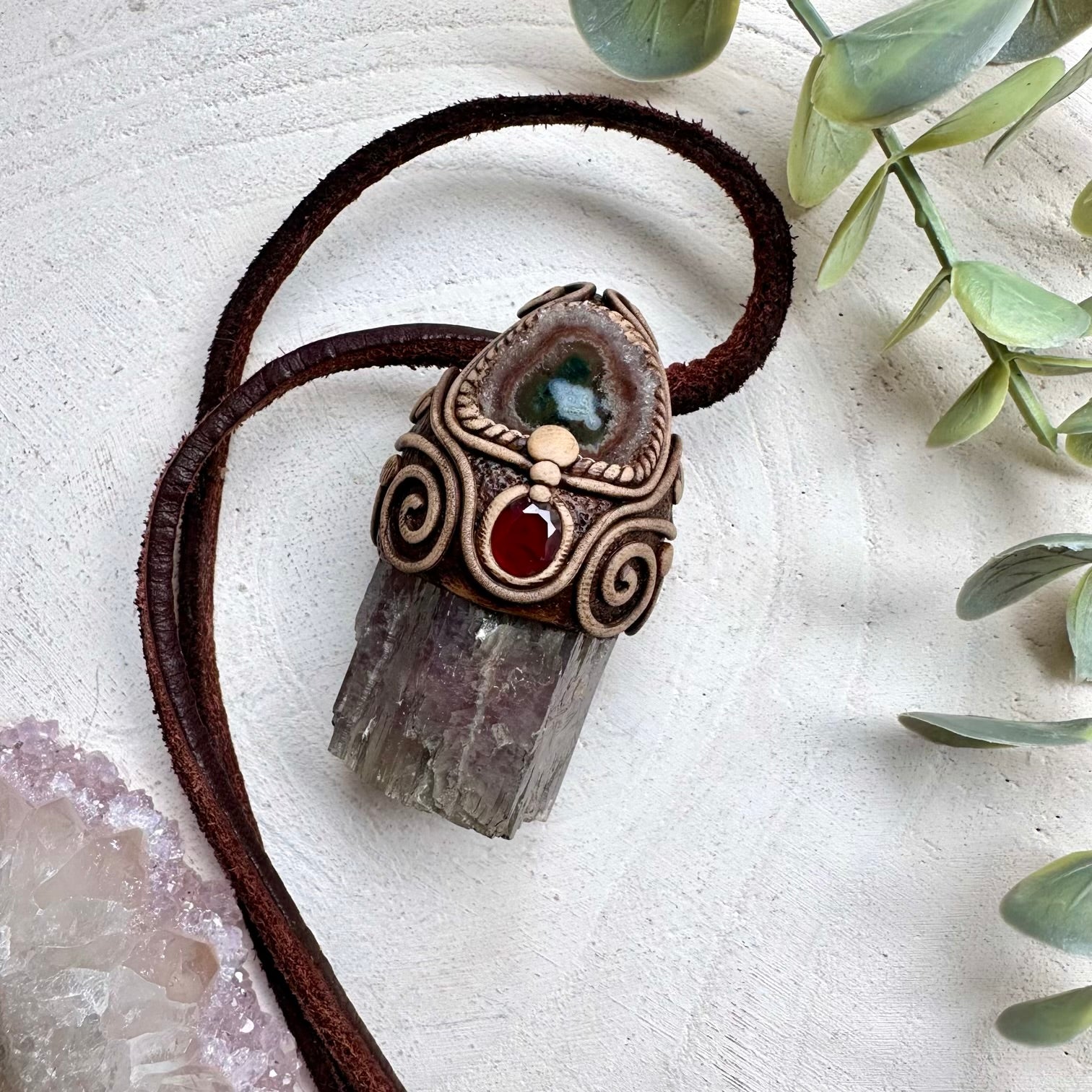 Purple aragonite paired with amethyst stalactite and garnet