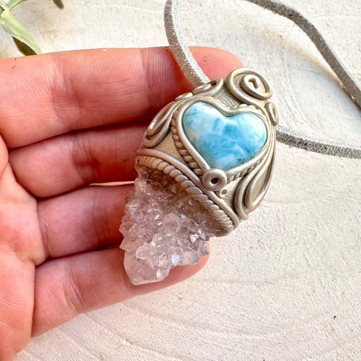 Natural gemstone necklace with larimar heart and spirit quartz