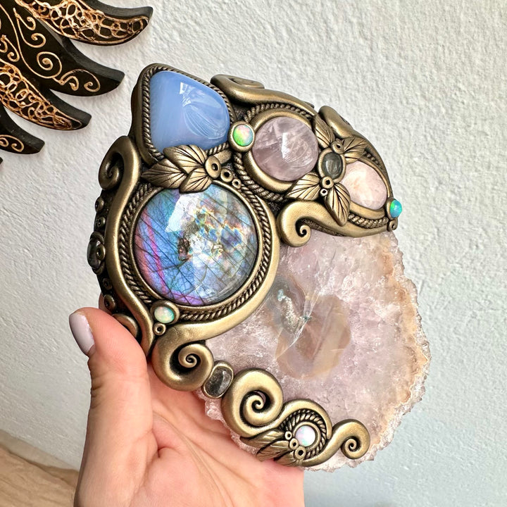 Natural Amethyst Stalactite surrounded by Blue Chalcedony, Rose Quartz and Clear Topaz in handmade gemstone wall decor.
