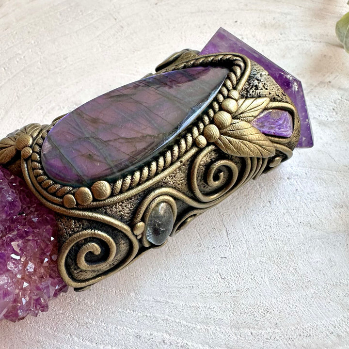 One of a kind healing wand made with Spirit Quartz, Amethyst and carefully selected gemstones.