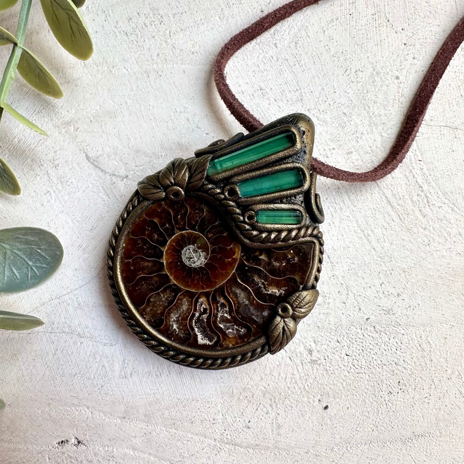 Ammonite and green tourmaline crystal jewelry necklace with mystical healing gemstone energy