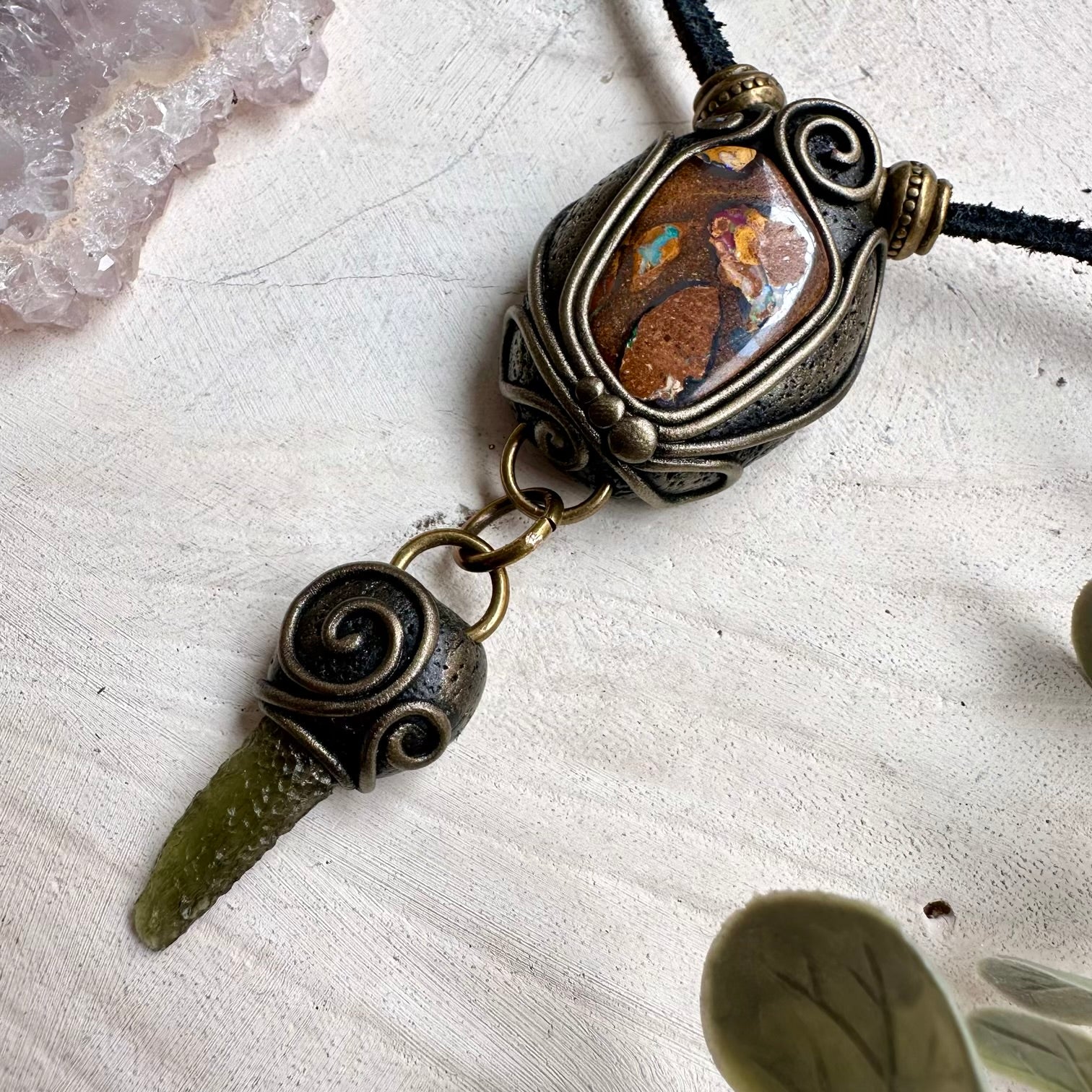 Moldavite and boulder opal healing crystal necklace