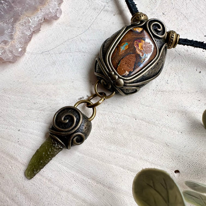 Moldavite and boulder opal healing crystal necklace