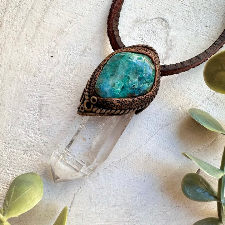 Natural gemstone necklace with clear quartz and chrysocolla