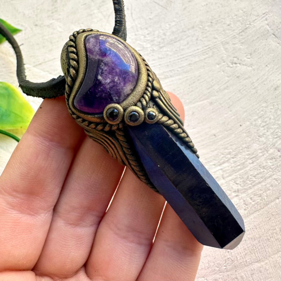 Cobalt Aura Quartz, Amethyst Moon and Blue Sapphire necklace – handmade crystal jewelry
