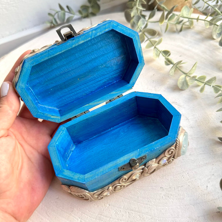 One of a kind handmade crystal box featuring an Aqua Aura Quartz cluster and natural gemstones.