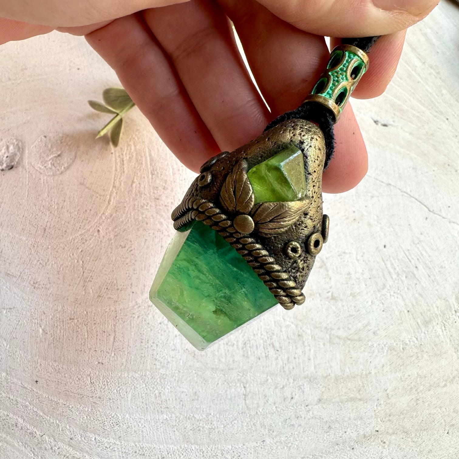 Handmade Green Fluorite and Peridot pendant necklace, a one of a kind unisex crystal jewelry piece featuring natural green gemstones. Designed as meaningful healing energy jewelry for clarity, balance, renewal and personal growth, and handcrafted with genuine Green Fluorite and Peridot.