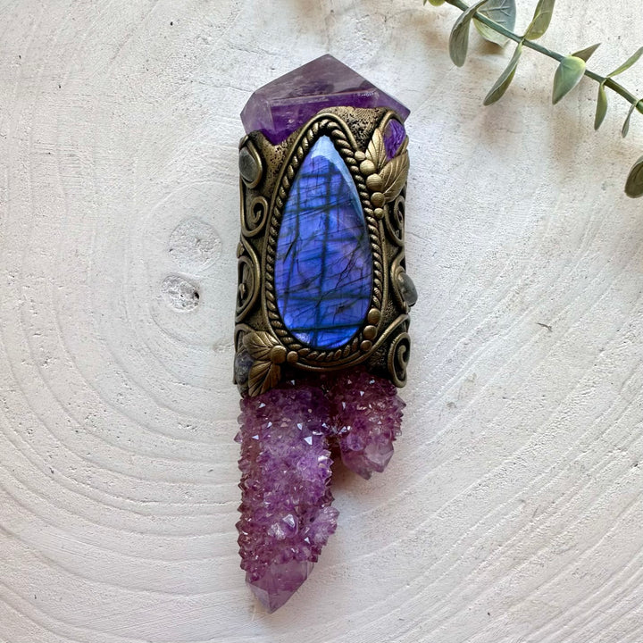 Unique spiritual wand featuring purple Spirit Quartz, Labradorite and Charoite natural gemstones.