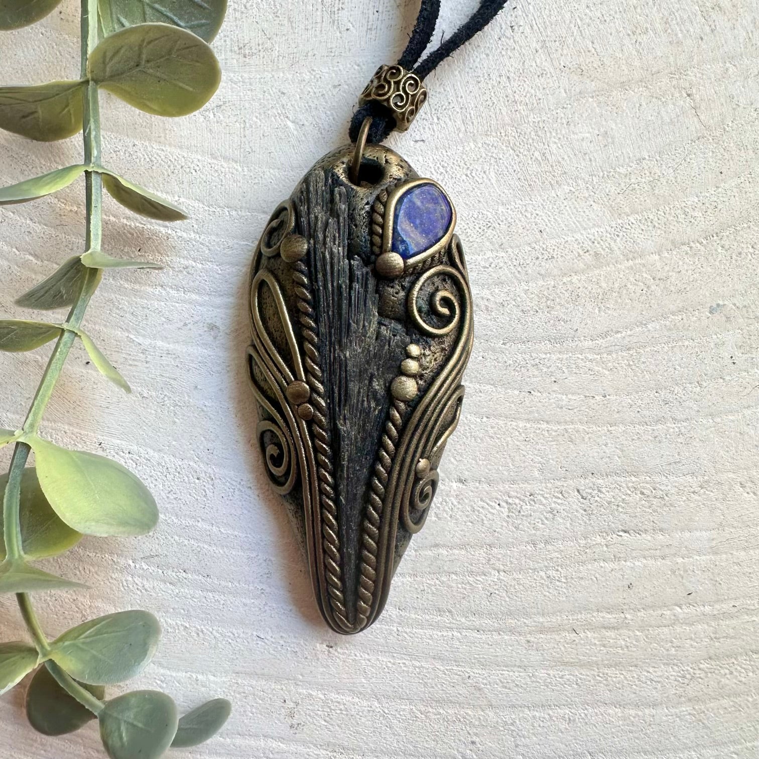 One of a kind unisex crystal necklace handcrafted with Black Kyanite and genuine Lapis Lazuli.