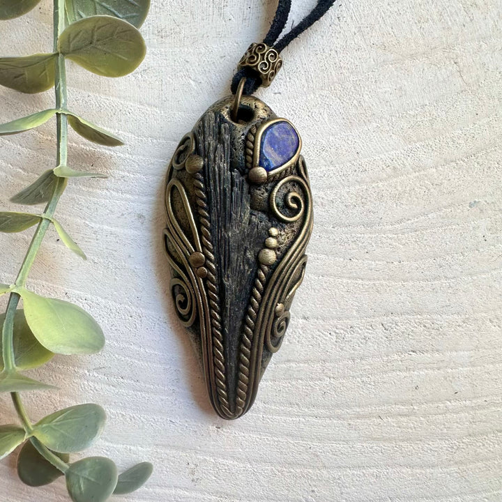 One of a kind unisex crystal necklace handcrafted with Black Kyanite and genuine Lapis Lazuli.