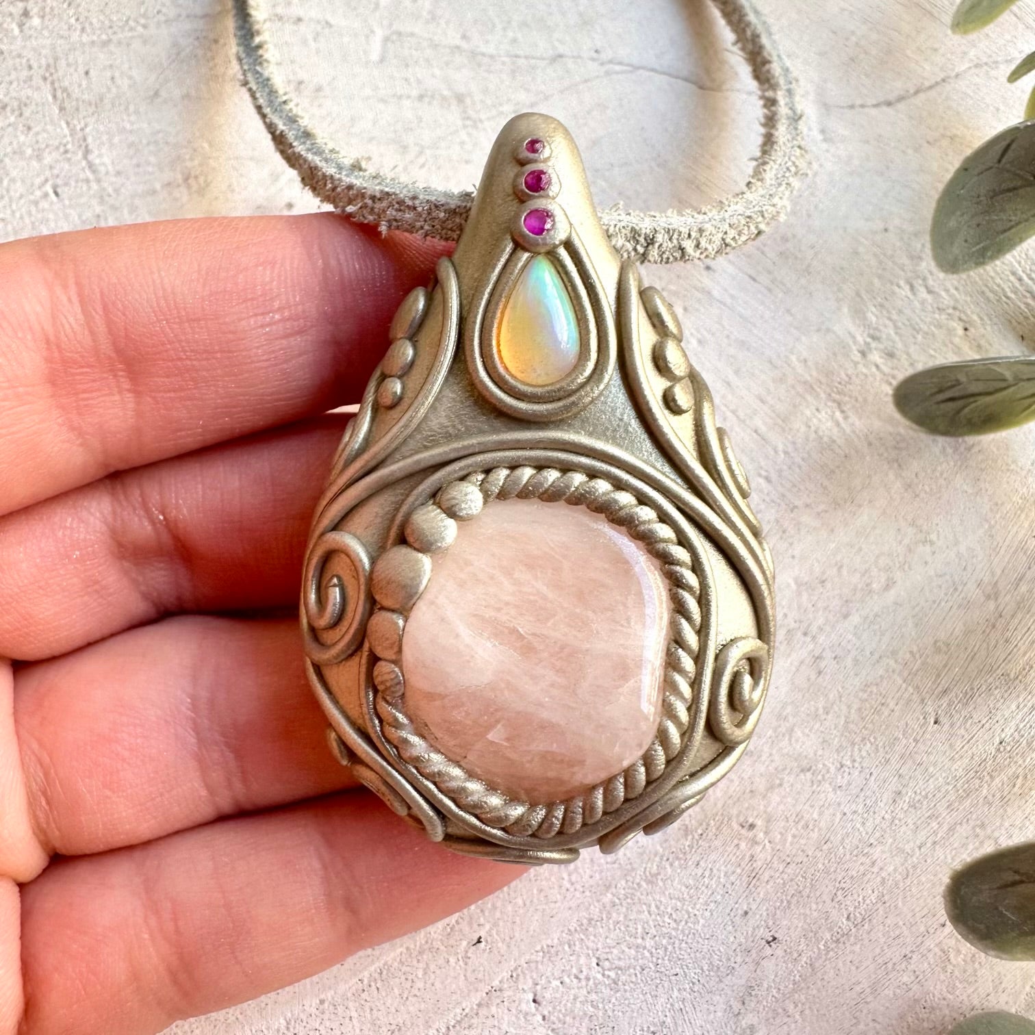 Handmade jewelry combining delicate Morganite with shimmering Ethiopian Opal and natural Ruby.