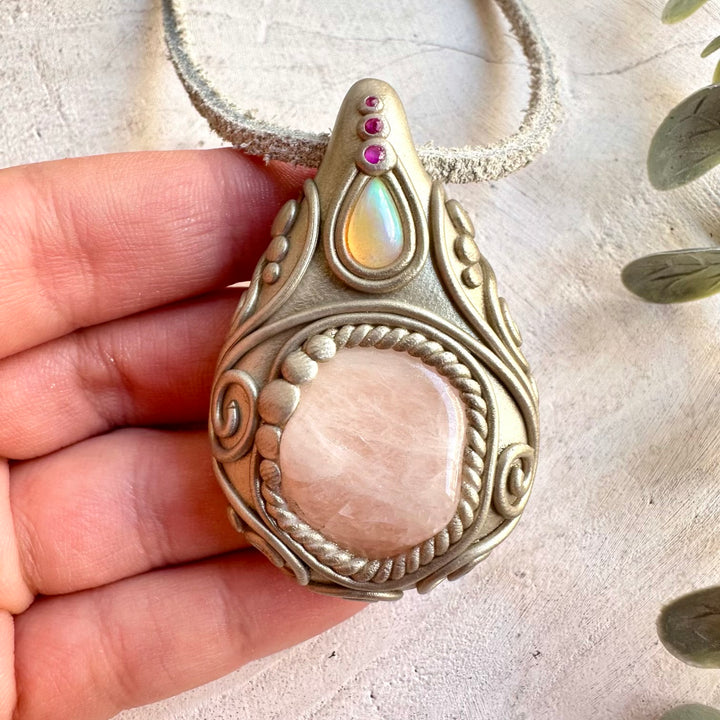 Handmade jewelry combining delicate Morganite with shimmering Ethiopian Opal and natural Ruby.