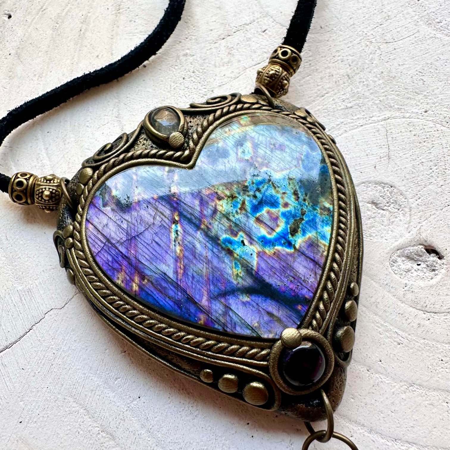 Handmade healing crystal necklace with Purple Labradorite, Clear Topaz and Amethyst in an artisan design.
