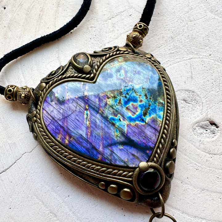 Handmade healing crystal necklace with Purple Labradorite, Clear Topaz and Amethyst in an artisan design.