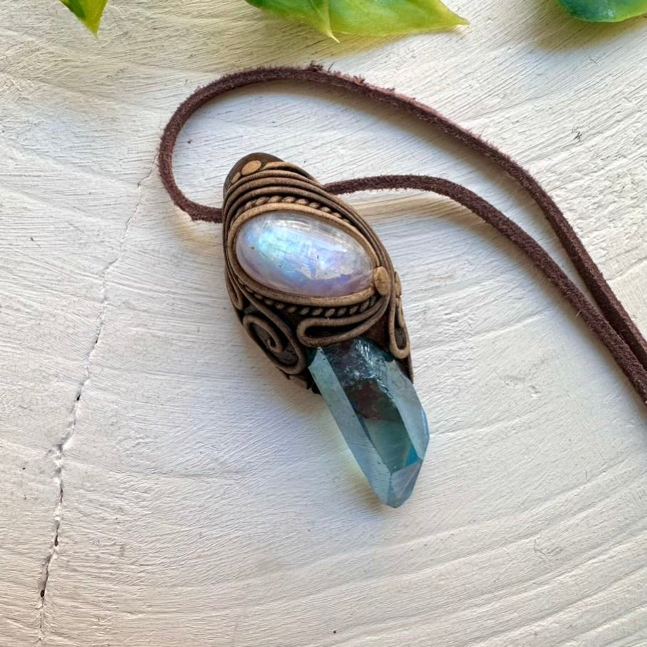 Rainbow Moonstone and Aqua Aura Quartz Necklace, Healing Crystal Jewelry - FairyGardenGlow
