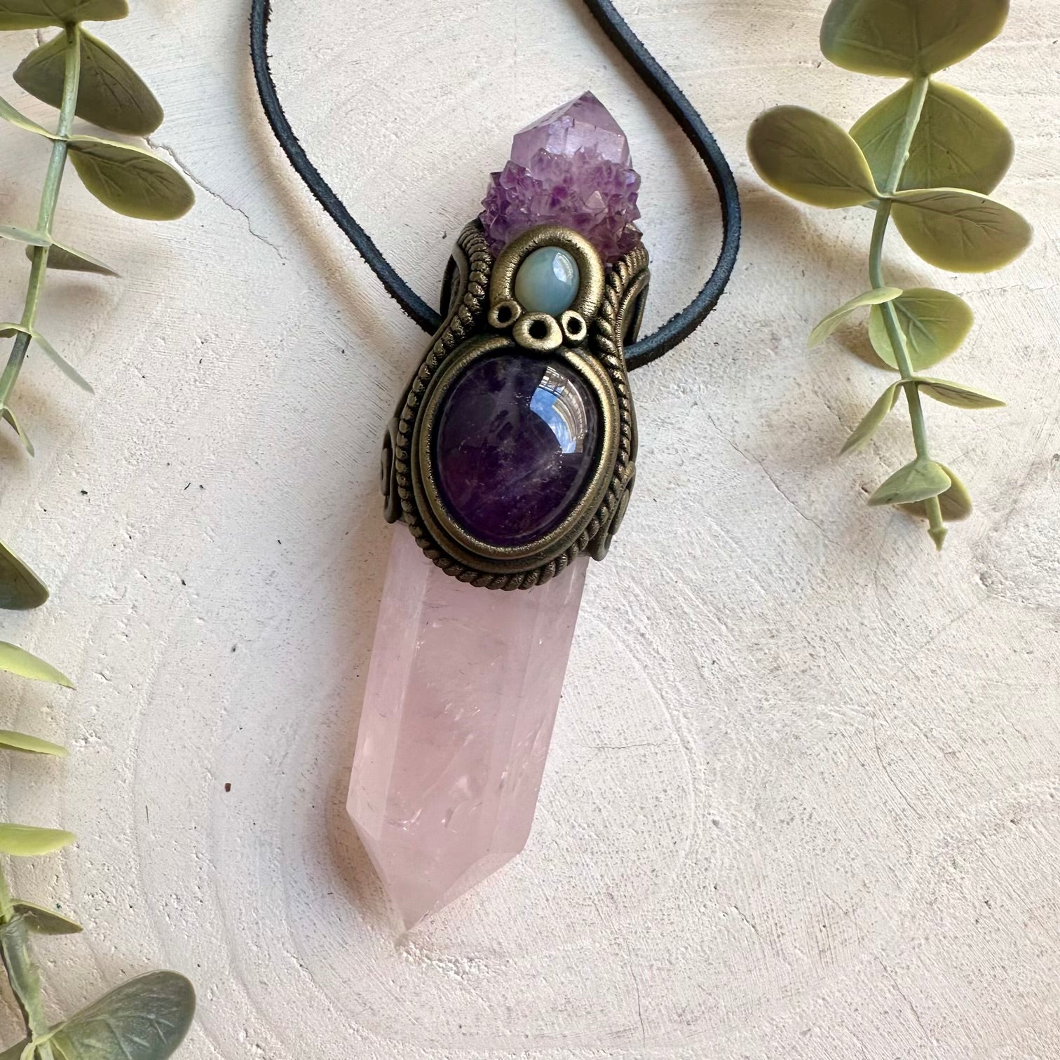 Handmade Rose Quartz crystal wand pendant necklace featuring Deep Purple Spirit Quartz, Amethyst and Chalcedony, a one of a kind healing crystal talisman designed for self-love, emotional healing.