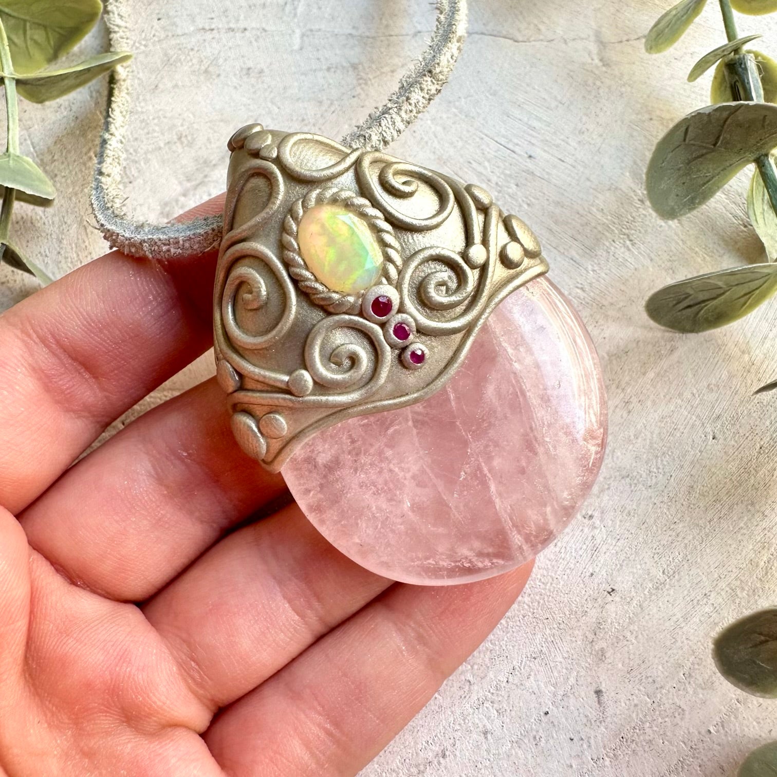 Handmade crystal jewelry combining Rose Quartz with shimmering Ethiopian Opal and natural Ruby.