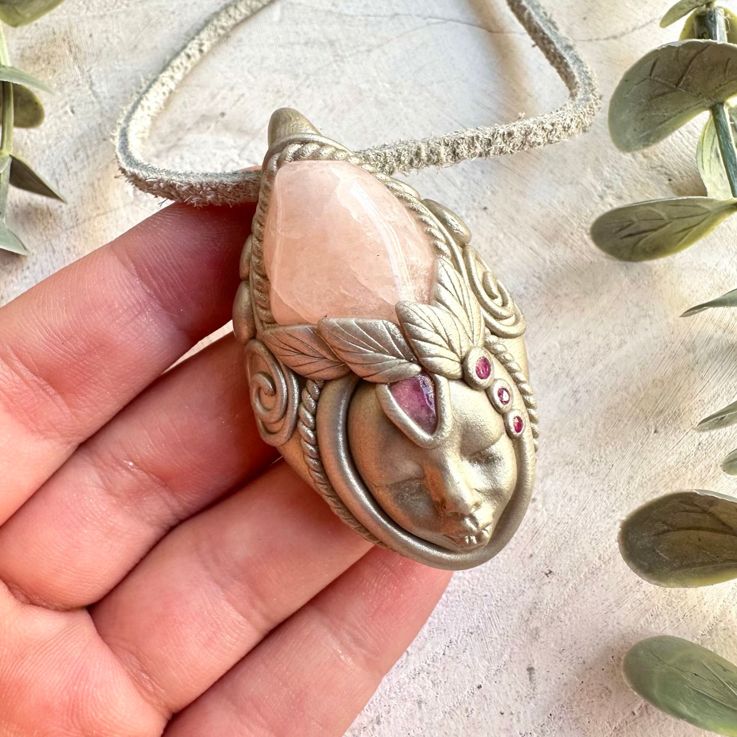 One of a kind crystal Goddess pendant with soft pink Morganite, Ruby and Pink Tourmaline.