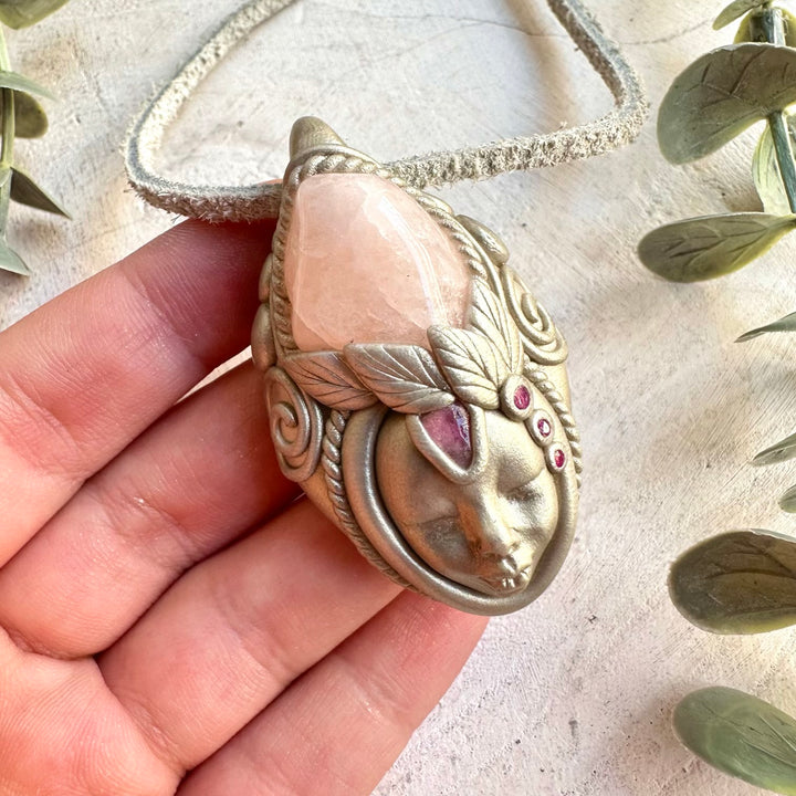 One of a kind crystal Goddess pendant with soft pink Morganite, Ruby and Pink Tourmaline.