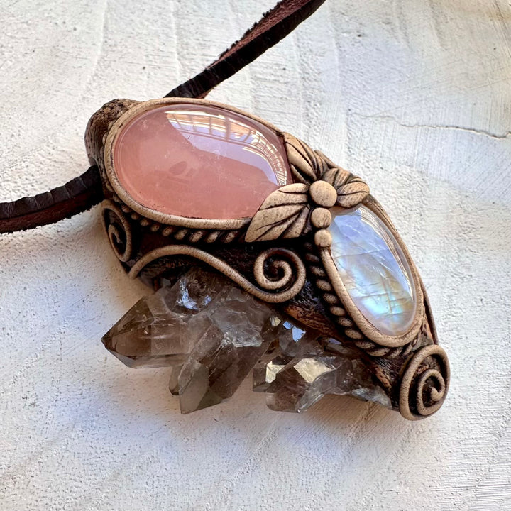 Energy pendant with smoky quartz cluster and rainbow moonstone