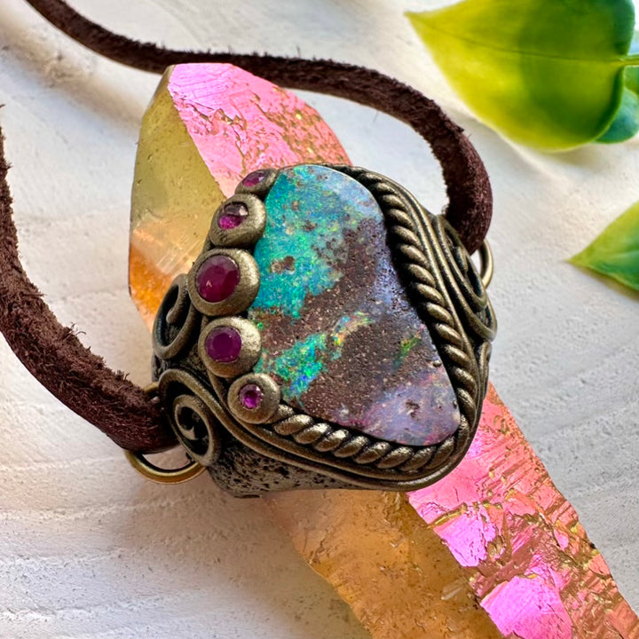 One-of-a-kind crystal wand pendant with Sunset Aura Quartz, Opal and Ruby