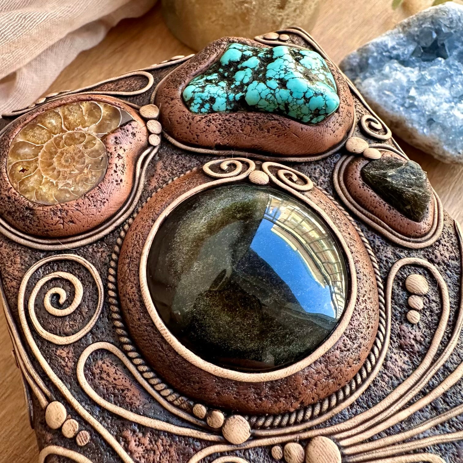 Crystal home decor box handmade with natural stones and fossils