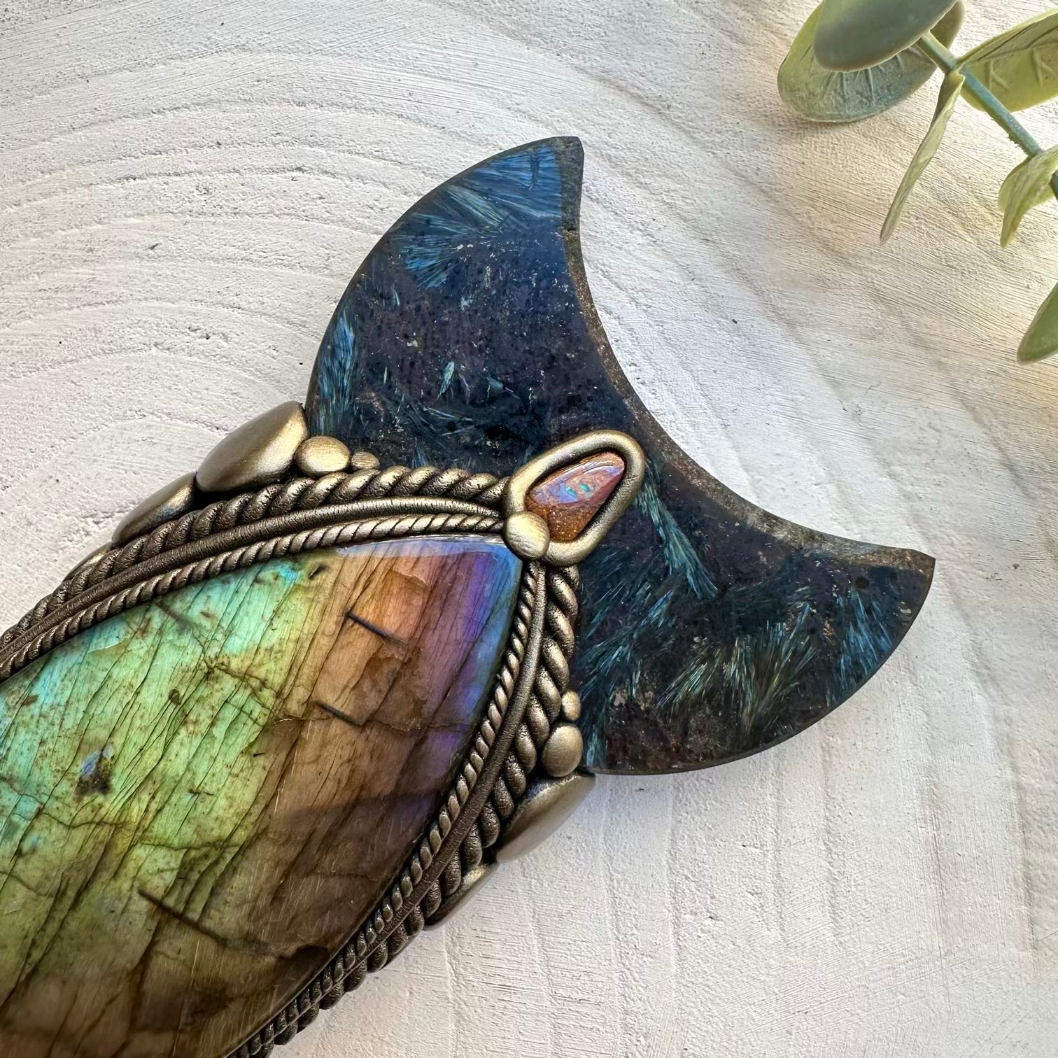 Large healing crystal wand with moldavite and opal