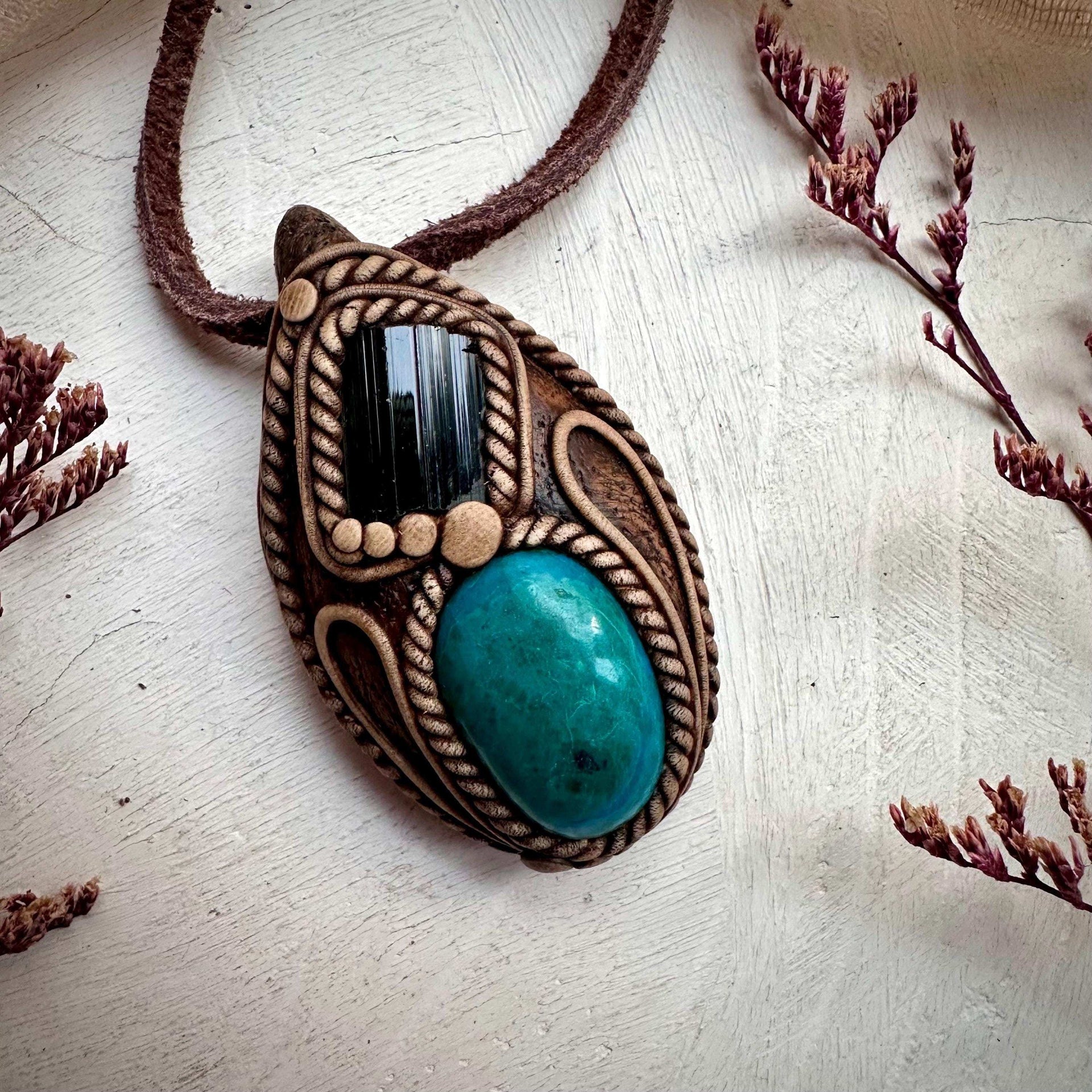 Atacama Opal and Green Tourmaline Pendant Necklace - FairyGardenGlow