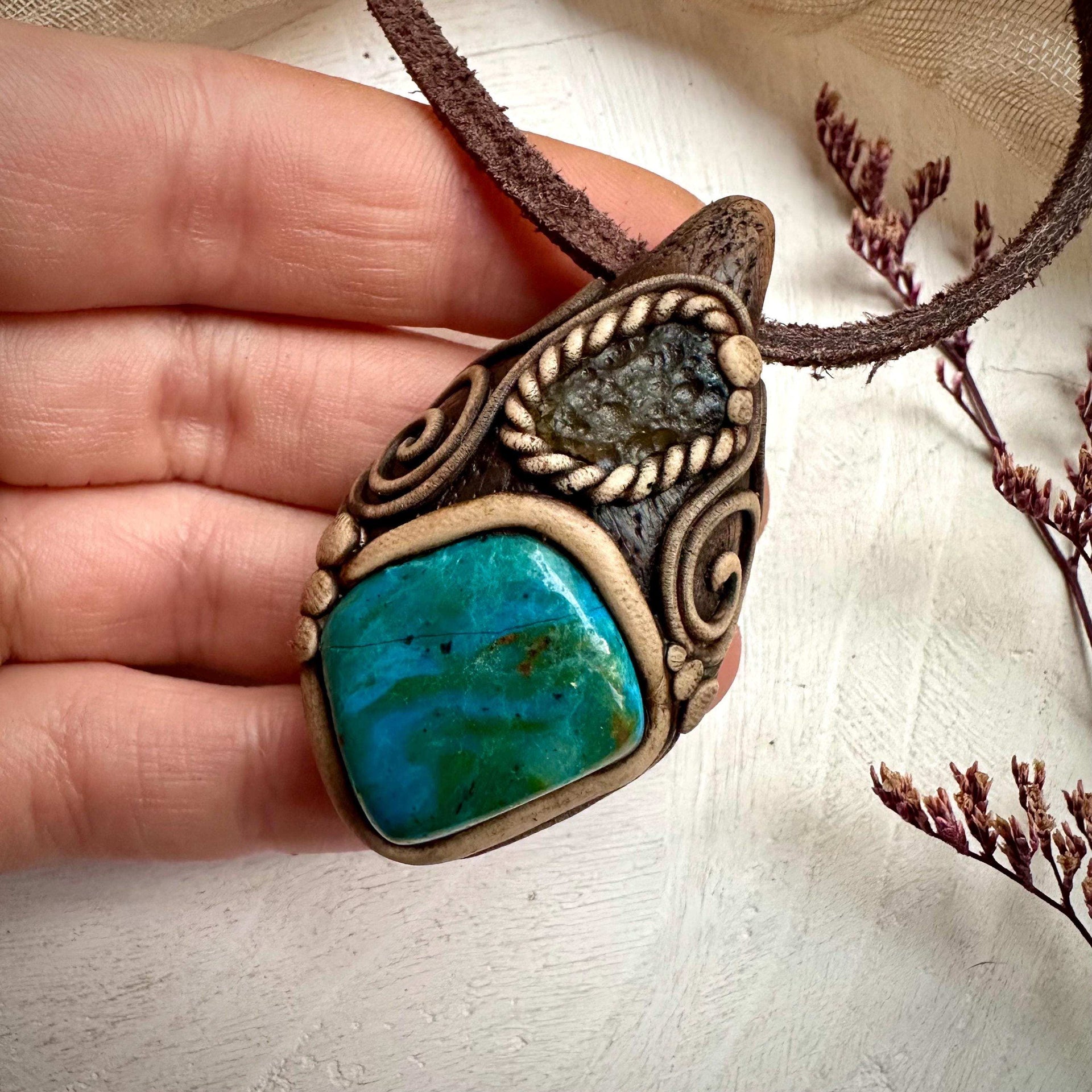 Atacama Opal and Moldavite Pendant Necklace - FairyGardenGlow