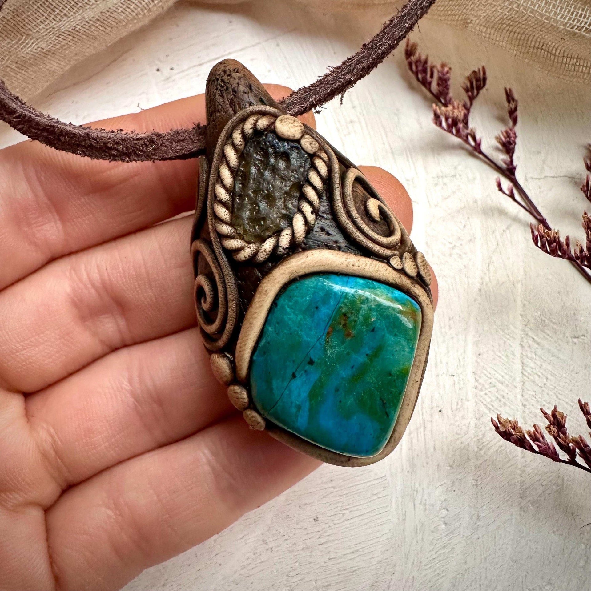 Atacama Opal and Moldavite Pendant Necklace - FairyGardenGlow