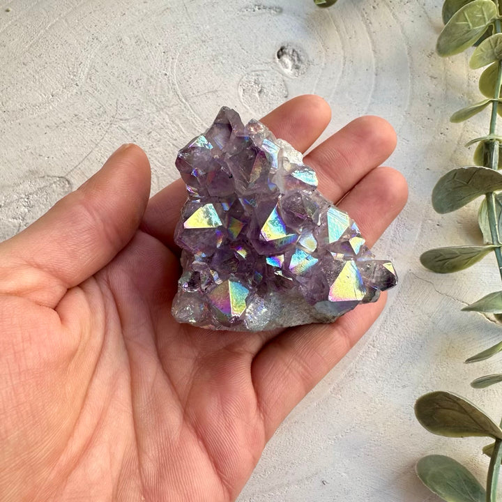 Aura treated amethyst crystal cluster specimen
