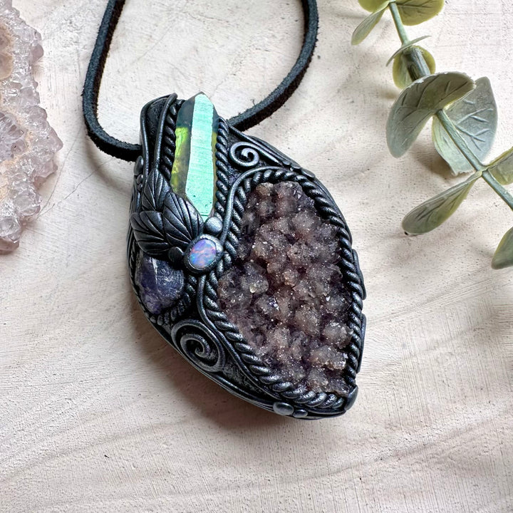 Natural gemstone necklace with aura quartz and amethyst