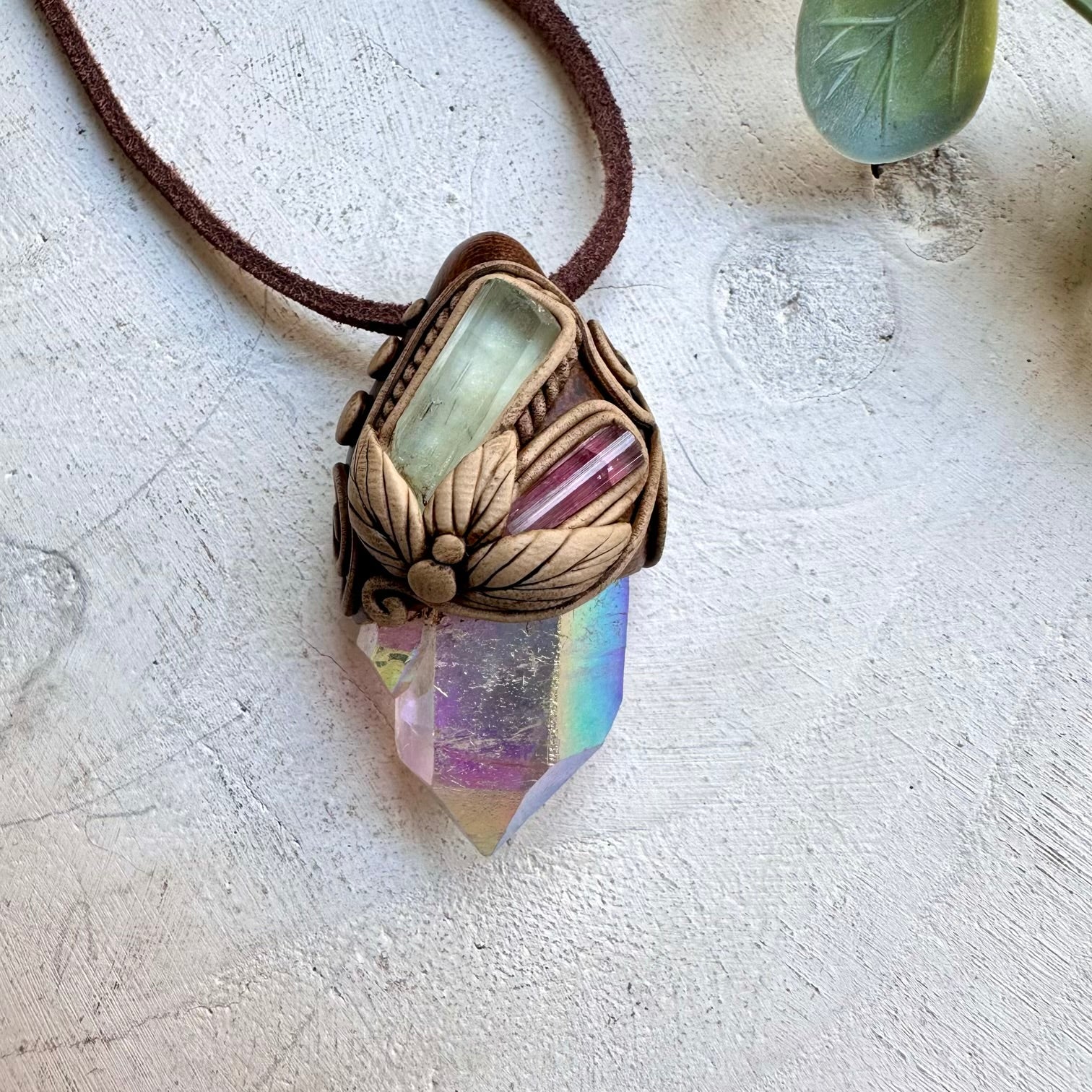 Handmade necklace with aura quartz aquamarine and pink tourmaline