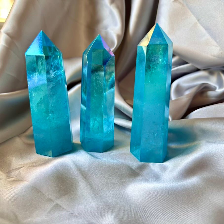 Aqua Aura Quartz Tower – Polished Blue Quartz Crystal Point for Energy Cleansing, Calm & Spiritual Growth - FairyGardenGlow