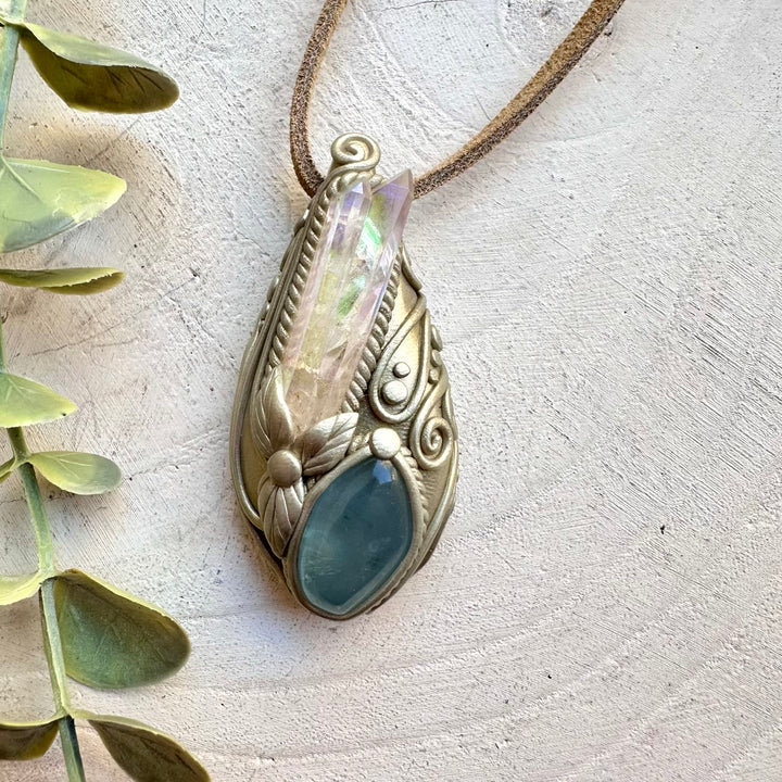 Healing crystal pendant with angel aura quartz and celestite